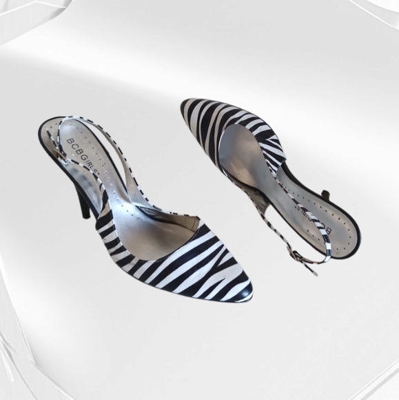 BCBGIRLS Zebra Stripe Leather Slingback Heel Pumps - Picture 9 of 16